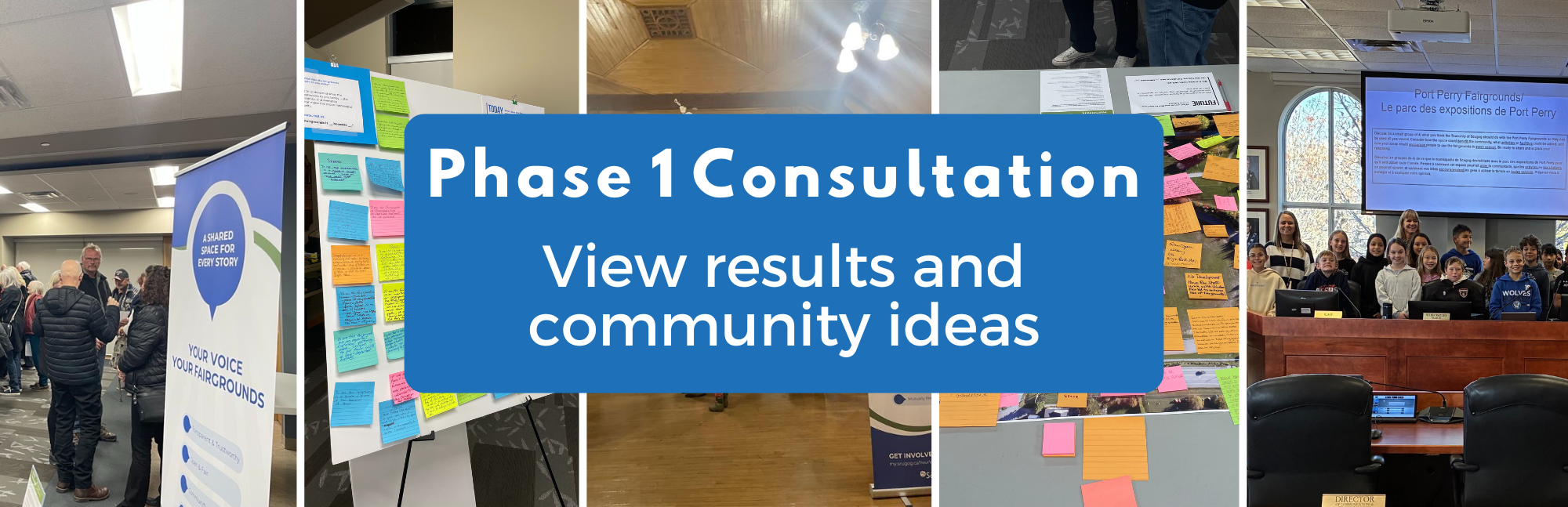 images from in-person sessions and overlaid text box reading 'Phase 1 Consultation, View results and community ideas'